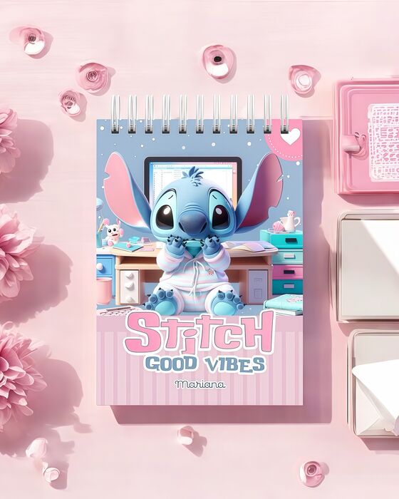 Bloco de Notas A6 – Stitch Good Vibes – Personalizado com Nome  