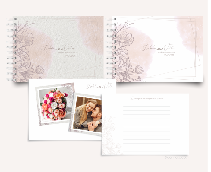Caderno de assinaturas personalizado com tema floral, incluindo dois cadernos e dois álbuns de fotos, cada um adornado com elegantes desenhos florais e personalizado com o nome 