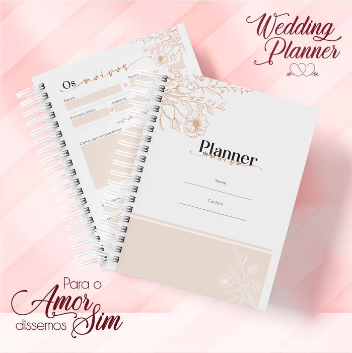 Imagem de um planner ou caderno ou diério de casamento com desenhos florais em relevo num fundo rosa. o planner inclui secções rotuladas como “os noivos”, e “custo contato”. os textos 