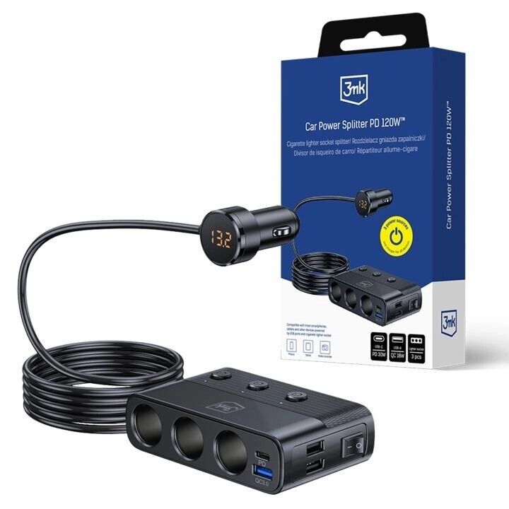 3mk Car Power Splitter 120W Pd Qc Pps Usb 3a1c3socket Black