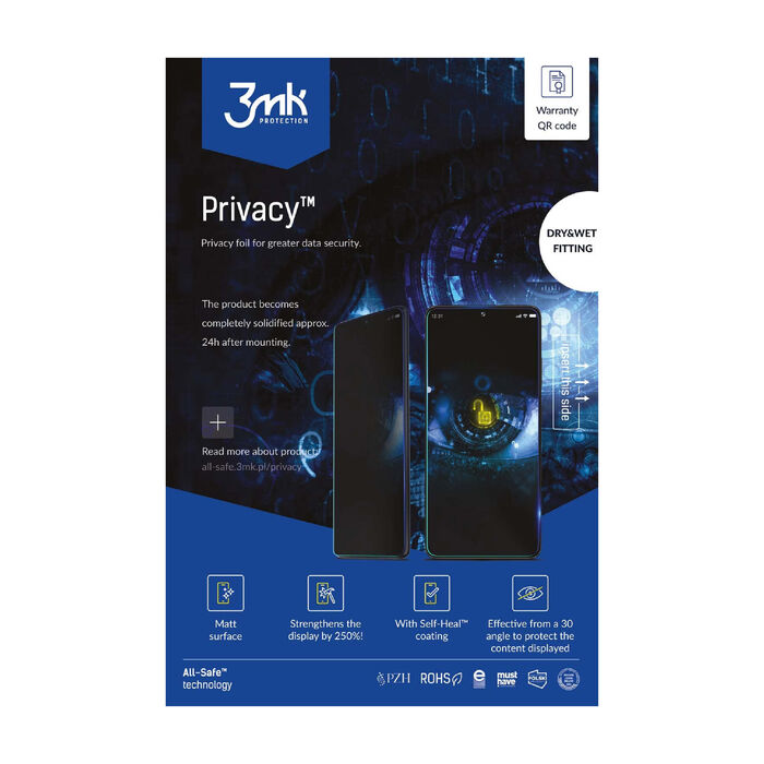 3mk Película All-Safe AIO Privacy Aplicação Seca e com Gel