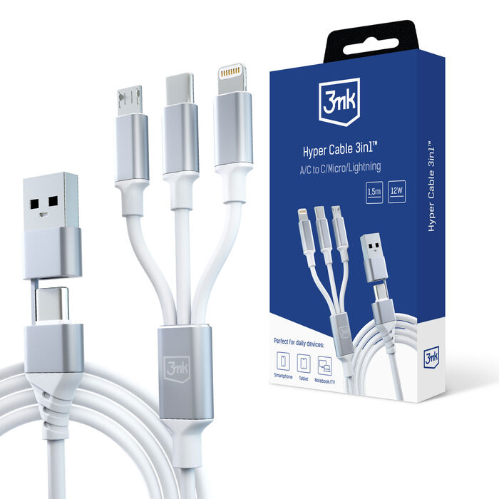 3mk Hyper Cable 3in1 A/c To C/micro/lightning 1.5m White