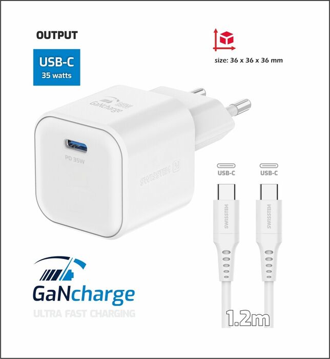 Swissten Carregador GaN 35W USB-C PD + Cabo USB-C/USB-C 1.2m Branco
