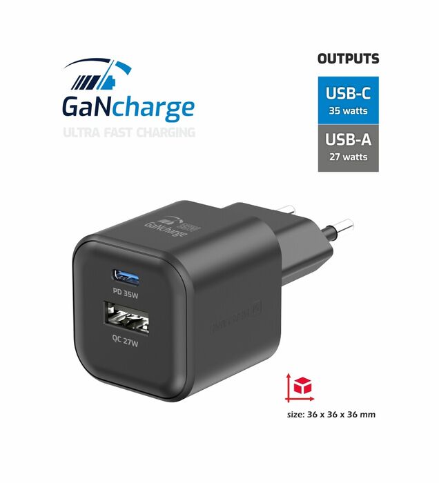 Swissten Carregador GaN 1x USB-C 35W PD + 1x USB-A 27W QC Preto