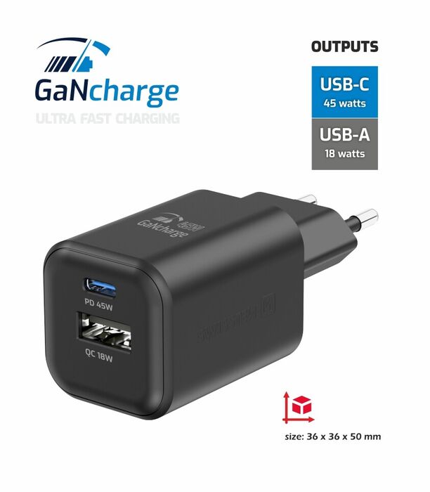 Swissten Carregador GaN 45W USB-C + USB-A 18W QC Preto