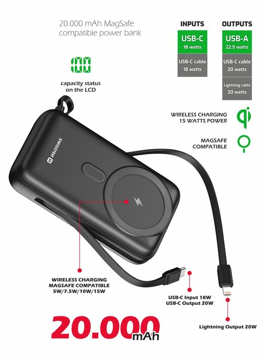 Swissten Powerbank 20000 mAh 22.5W (Magsafe Compativel) com cabos USB-C e Lightning