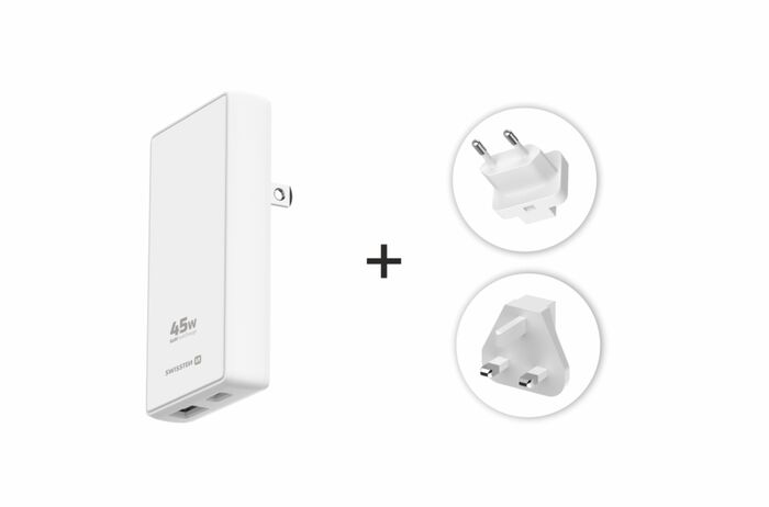 Swissten Carregador de Viagem GaN USB-C + USB-A 45W (US,EU,UK) Branco
