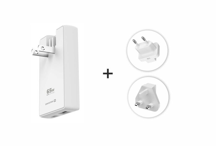 Swissten Carregador de Viagem GaN USB-C + USB-A 65W (US,EU,UK) Branco