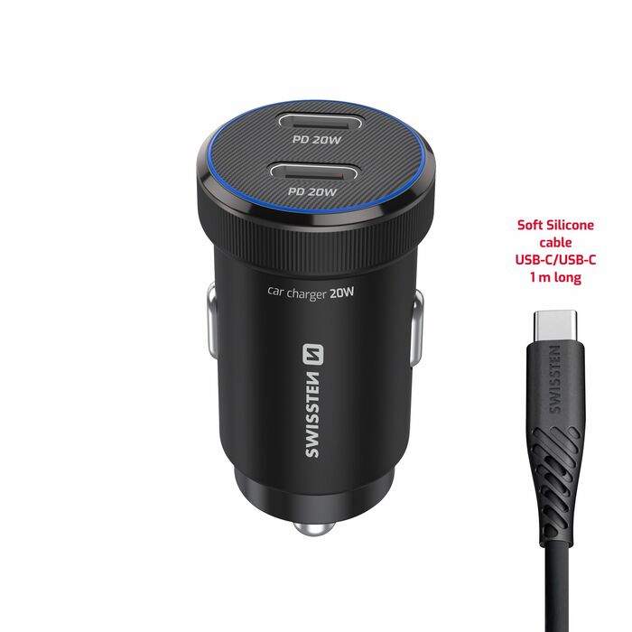 Swissten Carregador de Isqueiro 2x USB-C PD, 20W Preto + Cabo USB-C p/ USB-C 1M