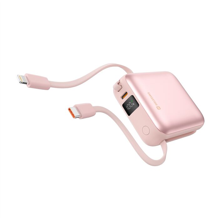 Powerbank Swissten Space 10000 mAh com cabo USB-C e Lightning Rosa