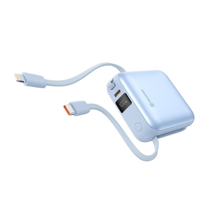Powerbank Swissten Space 10000 mAh com cabo USB-C e Lightning Azul