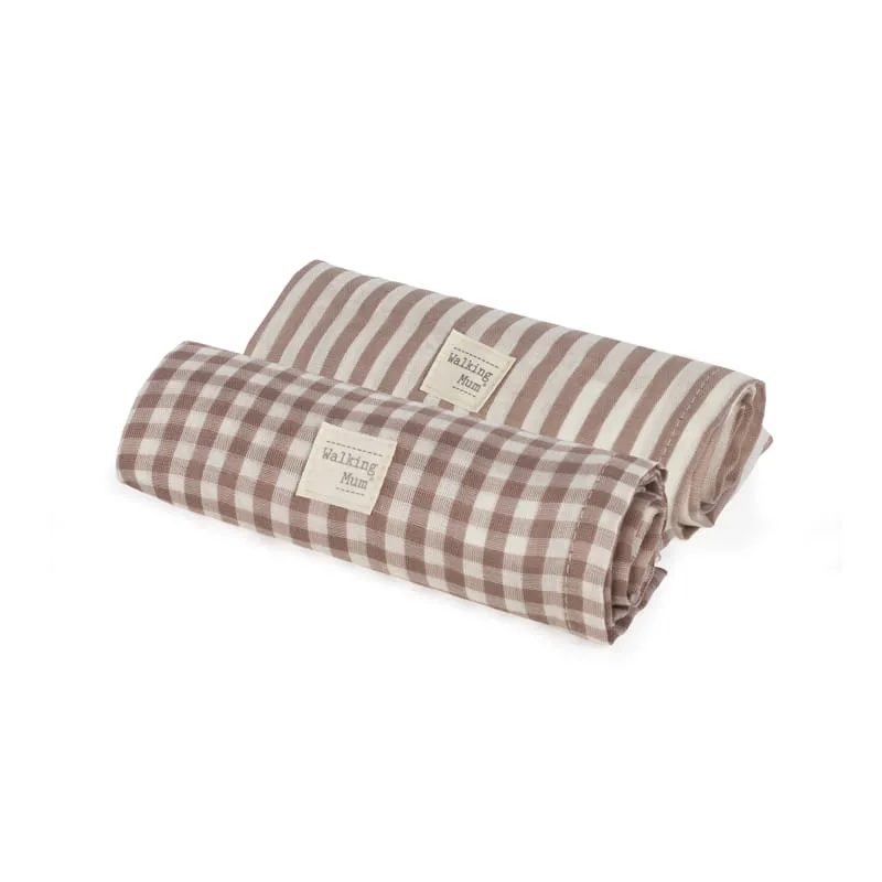 Set 2 Muslin Squares 70x70cm Praliné Vichy\ Strips  Moka