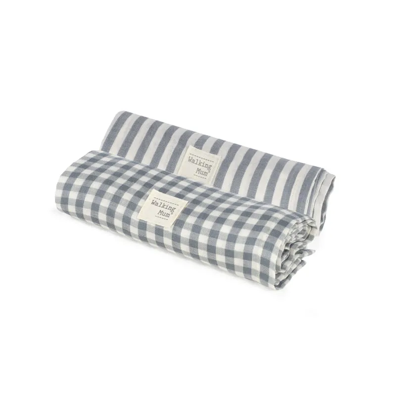 Set 2 Muslin Squares 70x70cm Praliné Vichy/Strips Matcha
