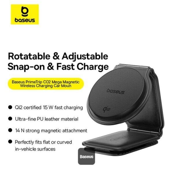 Suporte para Carro Baseus PrimeTrip Series C02 Mega Magnetic Wireless Charging 360º Car Mount 15W Qi2 Cluster Black