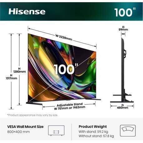  TV Hisense 100" 100UR8S Mini LED Smart TV Google TV 4K HDR