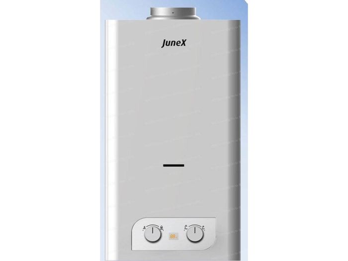 Esquentador Junex atmosférico de 11 L/min para gás butano/propano, com ignição automática, visor LCD, dimensões compactas e elevada eficiência energética Classe A.