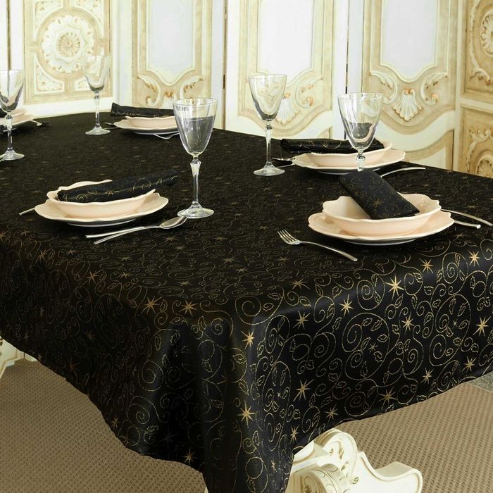 Toalha e guardanapos de mesa de Natal anti-nódoa Christmas Stars - Preto e Ouro
