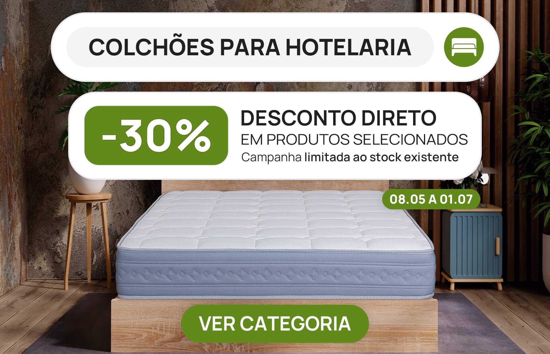 Campanha com 30% de desconto em Colchões para Hotelaria
