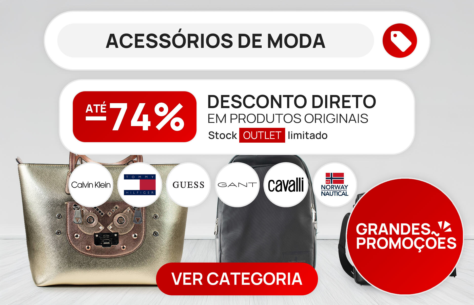 Promoções até 74% em Acessórios de Moda de Marca