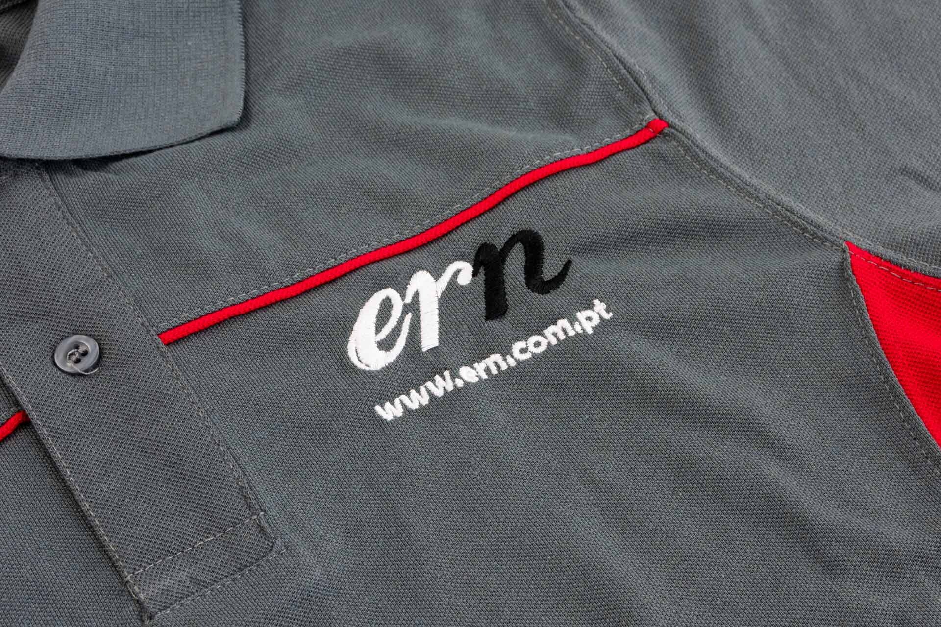 two-tone gray polo shirt with embroidered logo