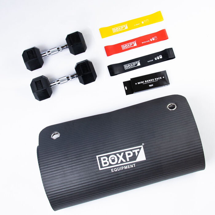 Black hex dumbbells, three coloured resistance bands and BOXPT exercise mat