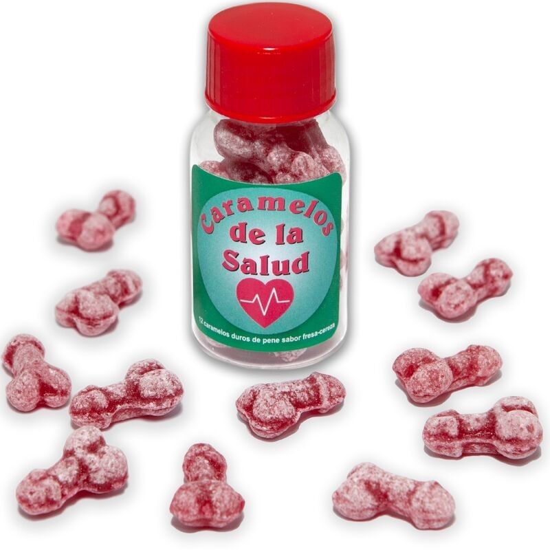 DIABLO PICANTE - 12 DOCES SAUDVEIS FORMATO DE PÊNIS MORANGO/CEREJA