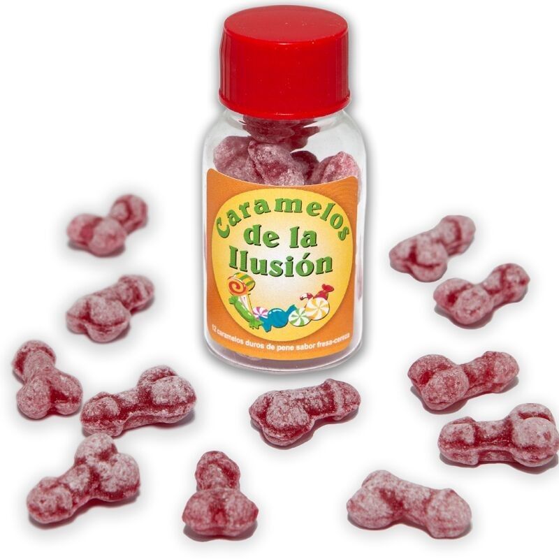 DIABLO PICANTE - 12 DOCES ILUSO EM FORMA DE PÊNIS MORANGO/CEREJA