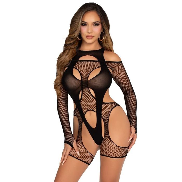 LEG AVENUE - BODYSTOCKING DE REDE COM CINTA-LIGA E ARNÊS PRETO