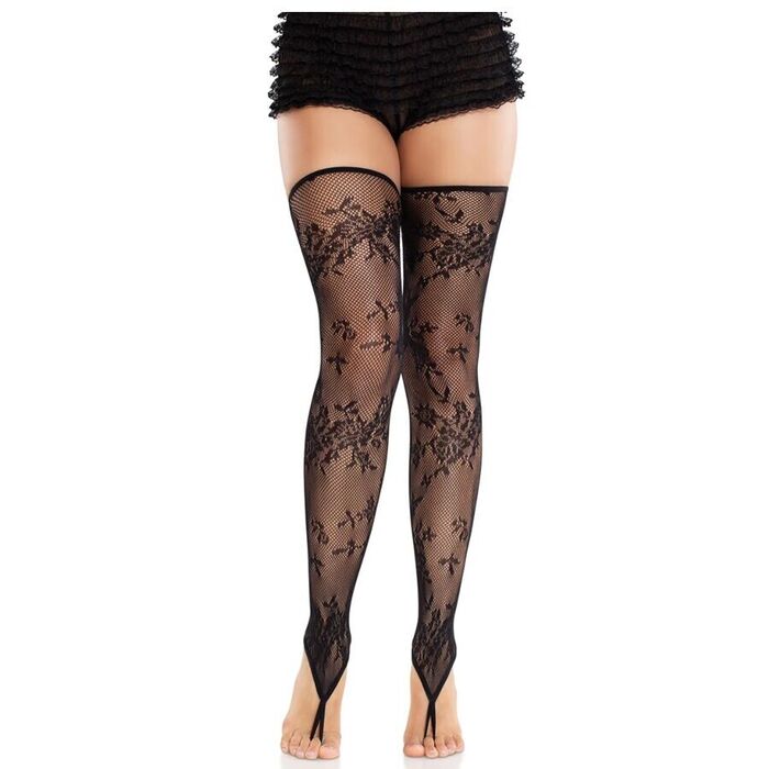 LEG AVENUE - MEIAS SEM PÉS DE RENDA FLORAL PRETAS