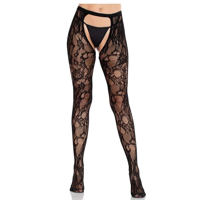 LEG AVENUE - MEIAS DE RENDA ROSA COM COSTAS ABERTAS PRETAS