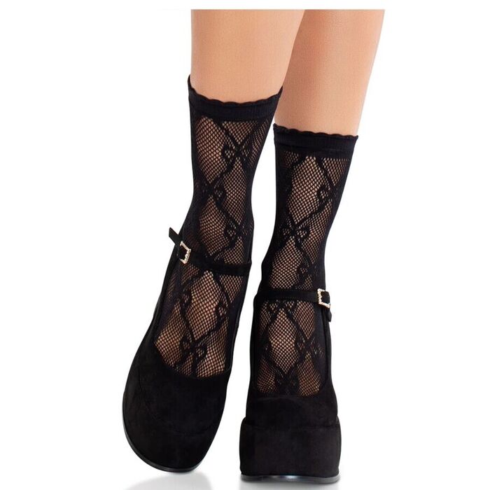LEG AVENUE - MEIAS DE RENDA PRETA COM LAÇO