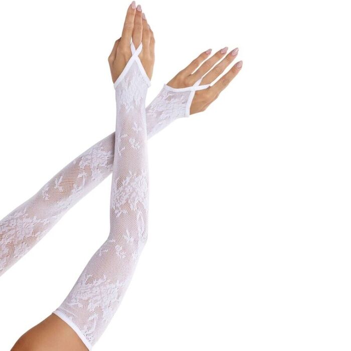 LEG AVENUE - LUVAS EXTRA LONGAS COM RENDA FLORAL E AQUECEDOR DE BRAÇOS BRANCAS