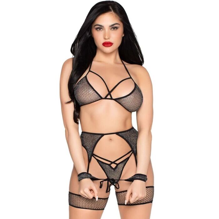 LEG AVENUE - 89362 CONJUNTO TOP + TANGA + LIGA + ALGEMAS PRETO - TAMANHO ÚNICO