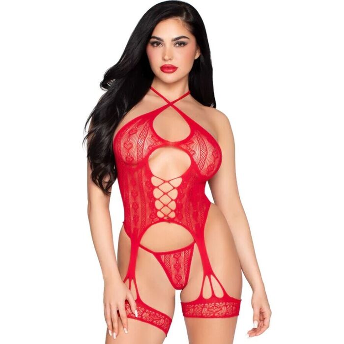 LEG AVENUE - 89338 BODY ABERTO DE RENDA COM CINTA-LIGA + TANGA VERMELHA - TAMANHO ÚNICO