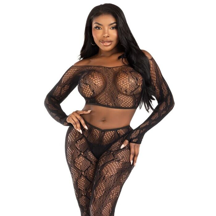 LEG AVENUE - 89373 TOP CROPPED COM ESTAMPA DE PYTHON E MEIA-CALÇA SEM PÉ PRETA - TAMANHO ÚNICO
