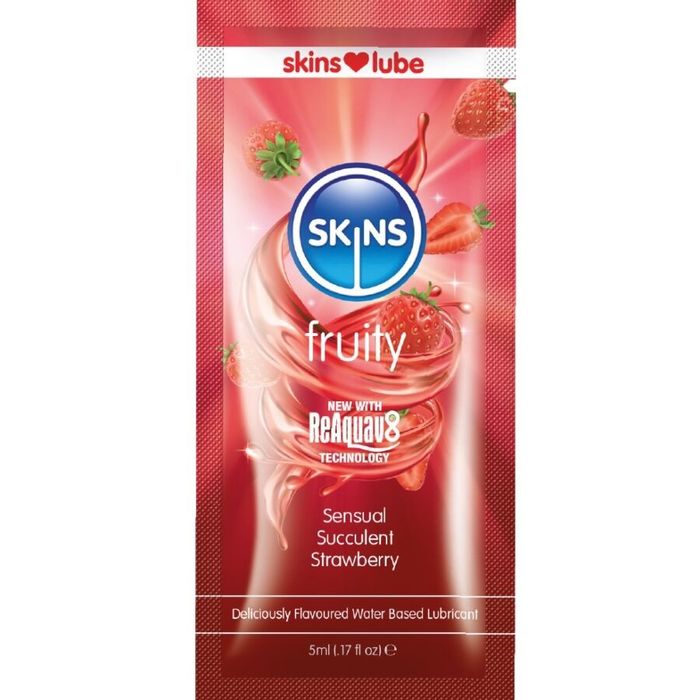 SKINS - LUBRIFICANTE À BASE DE ÁGUA COM SABOR FRUTADO DE MORANGO - DOSE ÚNICA DE 5 ML