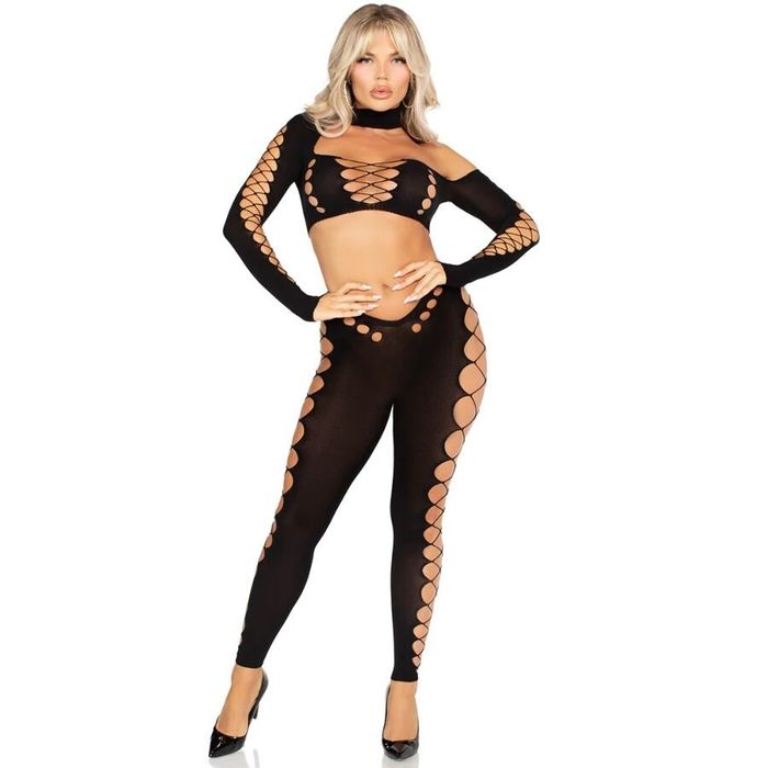 LEG AVENUE - TOP CROP E LEGGINGS CORTADO SEM COSTURA PRETO