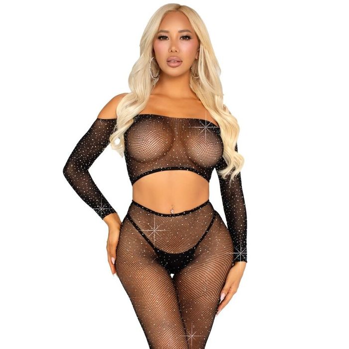 LEG AVENUE - TOP CROP E LEGGING DE REDE COM STRINHOS PRETO
