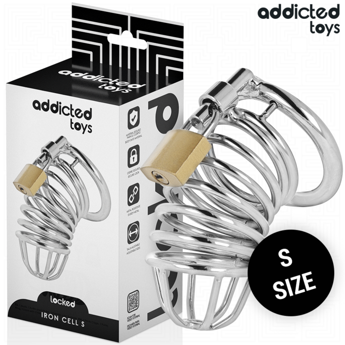 ADDICTED TOYS LOCKED - GAIOLA DE PÊNIS DE METAL COM CÉLULA DE FERRO 4 CM TAMANHO S