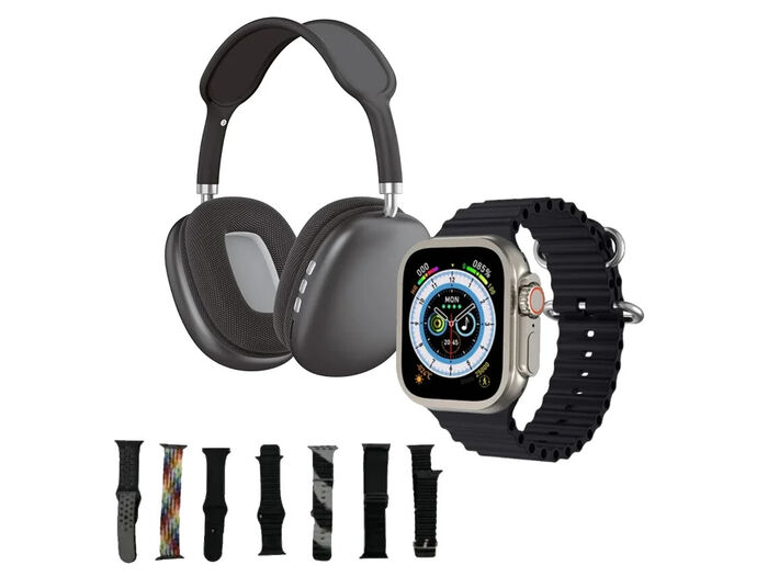 Pack Smartwatch Ultra2 e Auscultadores P9 Preto