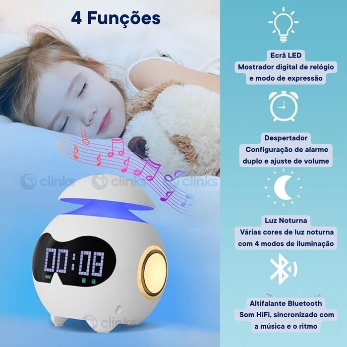 Relógio Despertador Emojicon com Coluna Bluetooth, Luzes e Ecrã Digital