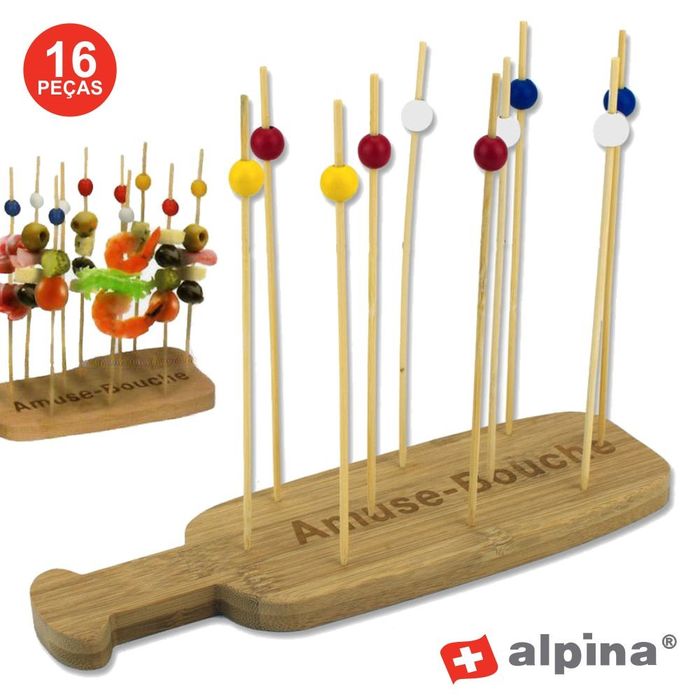 TÁBUA C/ PALITOS BAMBU P/ ESPETOS DE FESTA 16 PEÇAS ALPINA