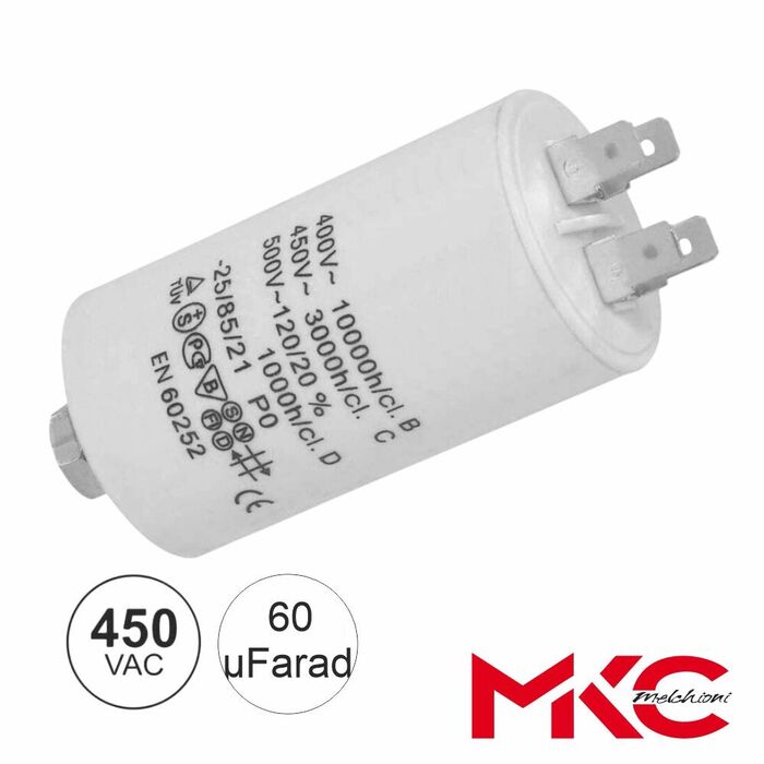 Condensador Arranque 60uF 450V C/ Terminais Faston