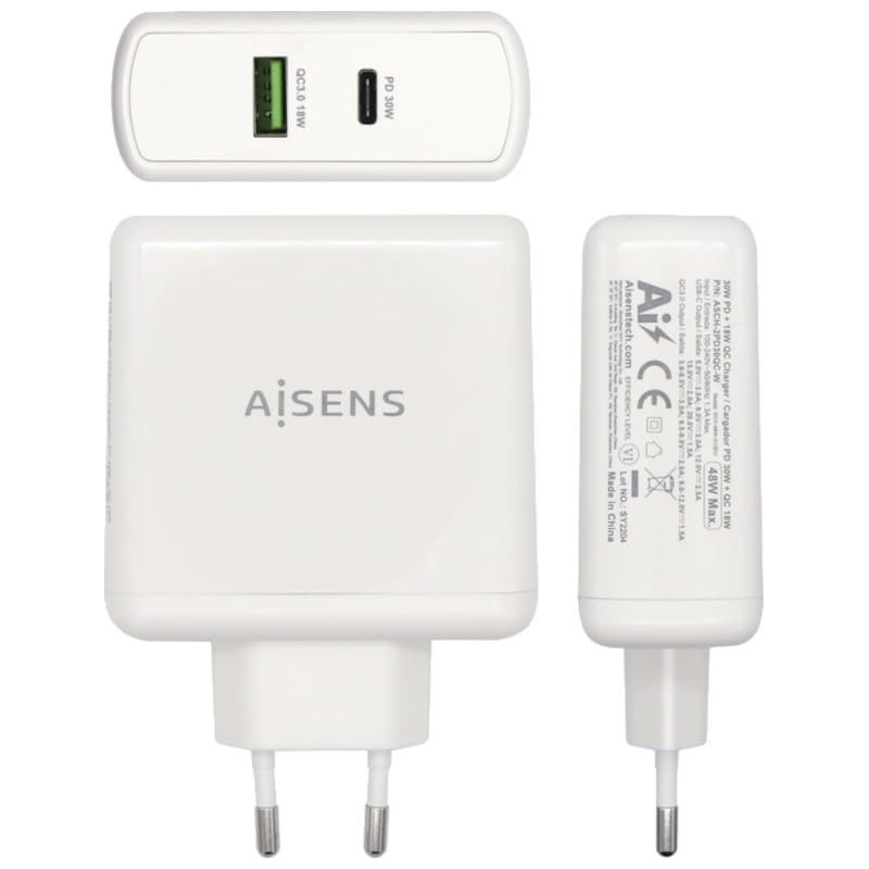 Carregador de parede Aisens ASCH-2PD30QC-W 1xUSB Type-C 1x USB 48W Branco