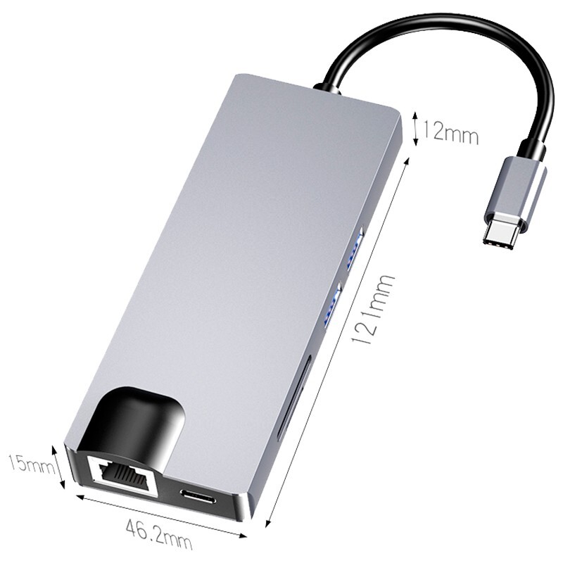 Hub USB-C 8 em 1 com HDMI + VGA + 2x USB 3.0 + USB-C PD + SD/TF + RJ45 1000 Mbps 2