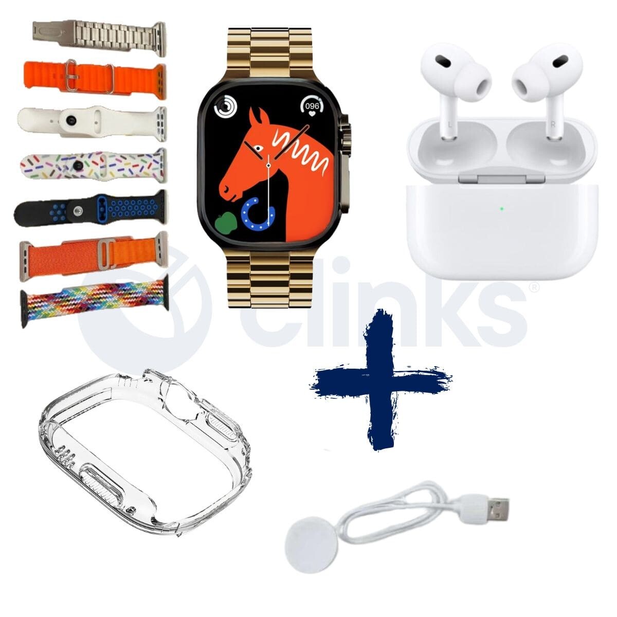 Pack Smartwatch Ultra Max 10 em 1 + Auriculares Dourado 0