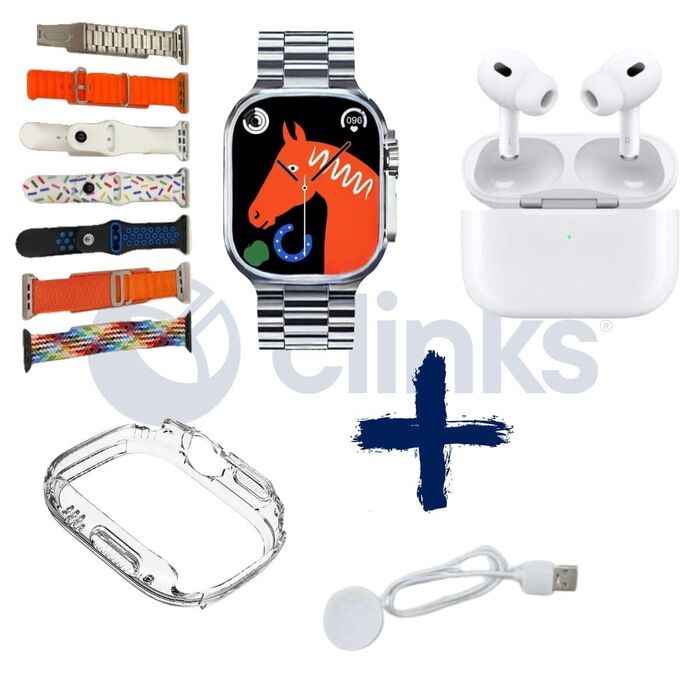 Pack Smartwatch Ultra Max 10 em 1 + Auriculares Prata