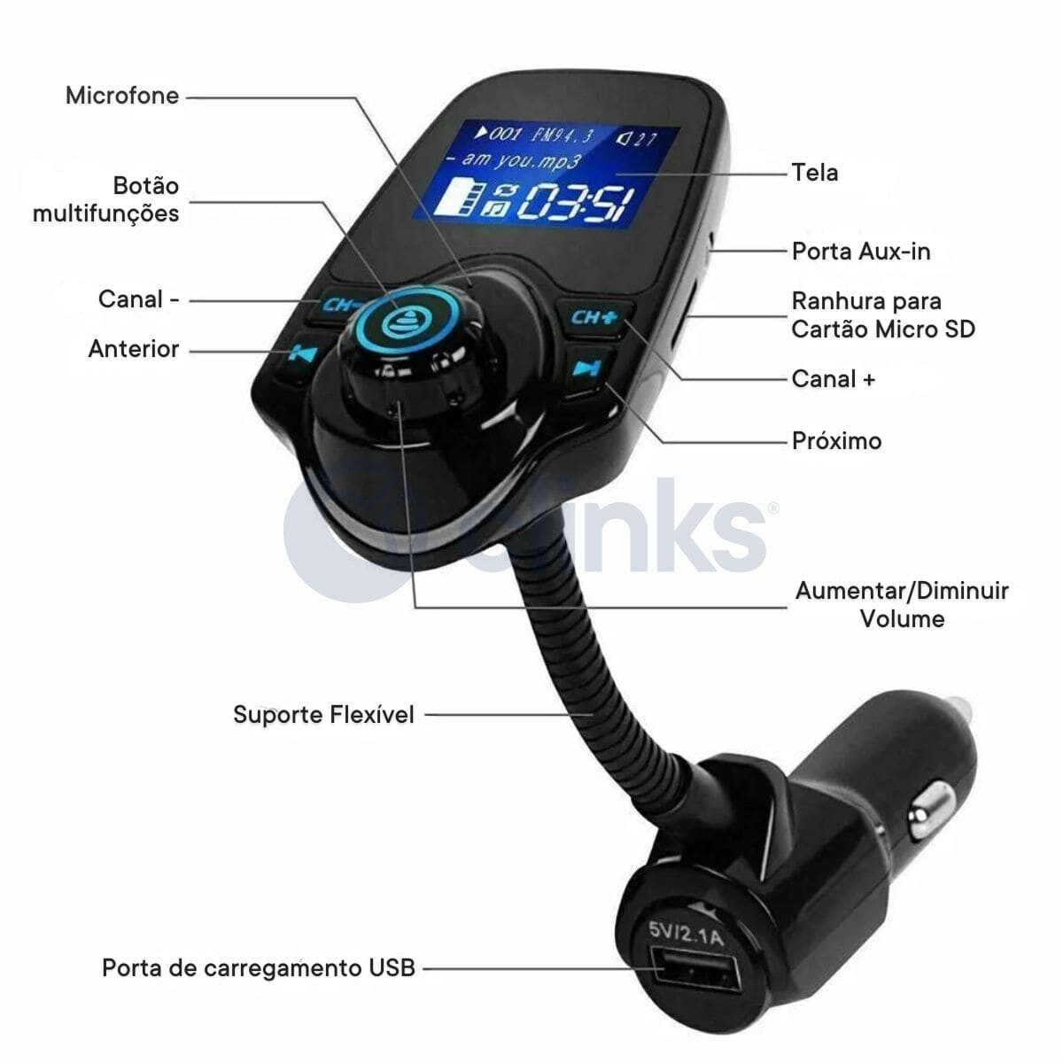 Transmissor FM sem fios + Carregador de Isqueiro 2
