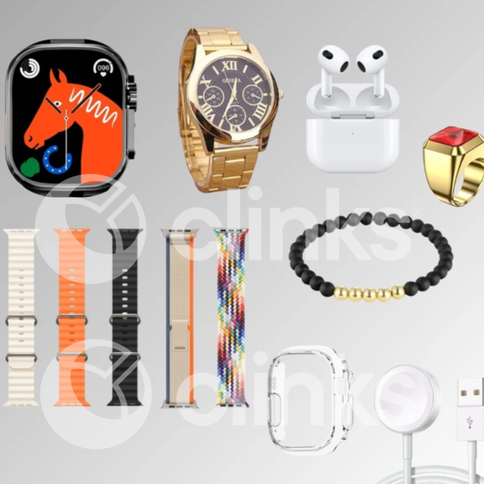 Pack 2 Relógios + Auriculares + 5 Braceletes + Pulseira + Colar - Dourado