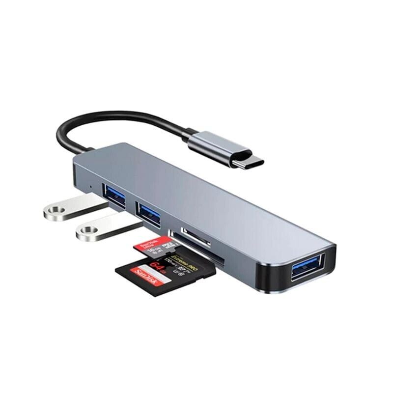 Hub USB BYL-2103T 5 em 1 USB-C/USB 3.0+2.0+microSD+SD Prata